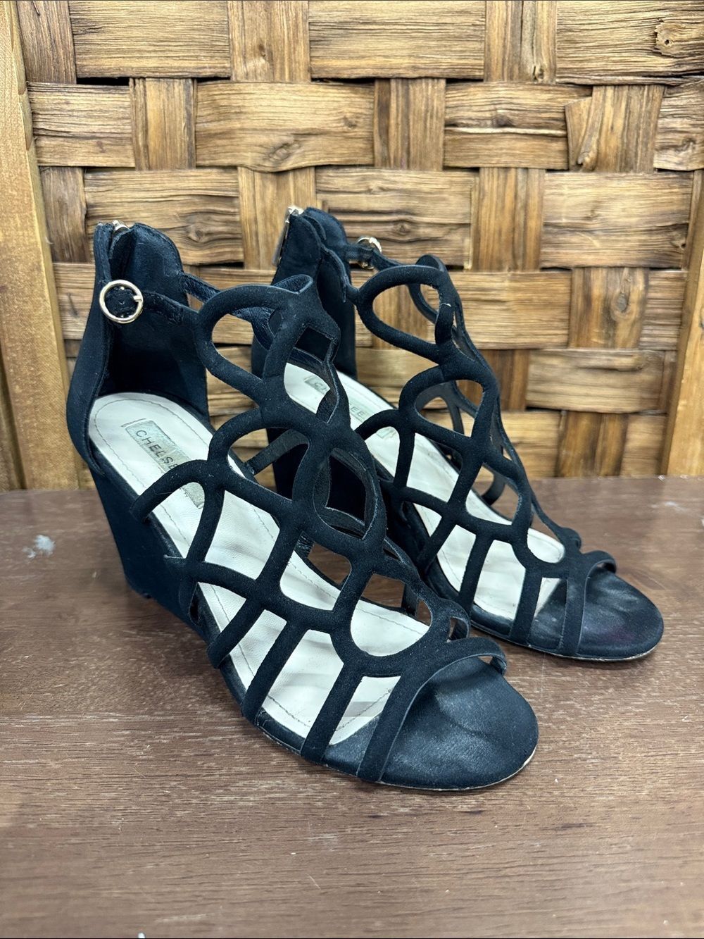 chelsea crew Black Cutout Cage Wedge Sandals